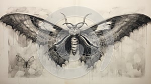 Symbolic Mothman: Elongated Black And White Drawing With Dramatic Wings