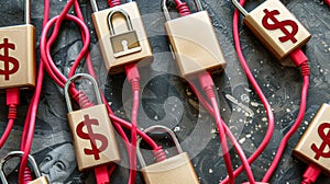 Symbolic phone cord tangle with dollar signs and padlocks symbolize confusion from scams photo