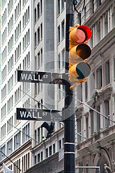 Symbolic Photo of Crisis. Wall Street Sign with a Red Traffic Light, New York City