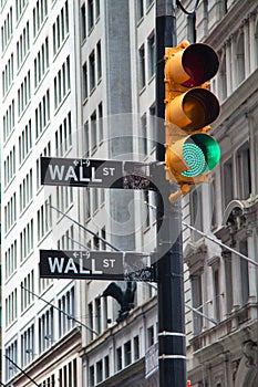 Symbolic Photo of Prosperity,  Wall Street Sign with a Green Traffic Light, New York City