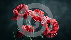 Symbolic red poppies on black background for remembrance, armistice, and anzac day commemorations