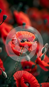 Symbolic red poppies on black remembrance day, armistice day, anzac day tribute