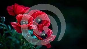 Symbolic red poppies on dark background significance for remembrance day, armistice day, anzac day photo