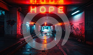 Symbolic Representation of Hope Shining at the End of a Rustic Industrial Tunnel, Reflecting the Journey Toward a Bright