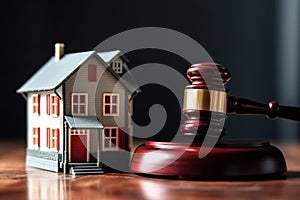 A symbolic representation of real estate law with a wooden gavel and a small house model