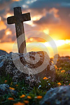 Symbolic representation of resurrection empty tomb stone with cross on sunrise meadow field