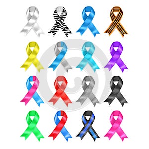 Symbolic ribbons - set of ribbons - prostate cancer Alzheimers Down syndrome breast cancer all cancers leukemia, vector
