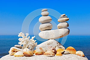 Symbolic scales of white stones, shells and coral on a background of the summer sea and blue sky