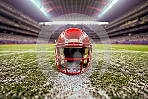 A symbolic scene of a lone football helmet resting on the 50-yard line of a large stadium, stands empty in the background,