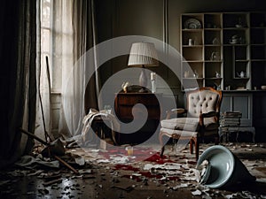 A symbolic scene representing the impact of domestic violence on the home environment. A somber mood, focusing on the aftermath