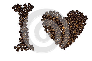 Symbolic signs with heart made of roasted coffee beans isolated on a white background