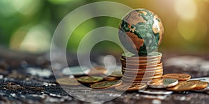 Symbolic Silver Coin Stack Represents Sustainable Finance And Investment, With An Ecoconscious Globe On Top photo