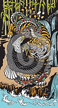 Symbolic tiger eagle and snake in a landscape