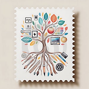 Symbolic tree of knowledge art stamp with diverse educational elements and roots