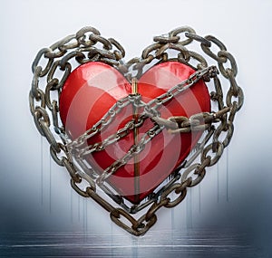 red heart surrounded by chains, isolated on a white background.