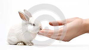 Symbolizing the pet\'s life, fingertips touch the rabbit.AI Generated