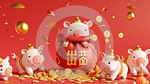 Symbolizing the third year of the Ox in 2021, the money spilled from the Chinese lucky bag is playing in coin piles with