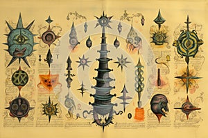 Symbols of alchemy and magic on ancient scrolls