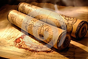 Symbols of alchemy and magic on ancient scrolls