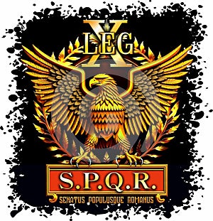 Symbols of Ancient Rome. Golden eagle and inscription SPQR. On a black background with drops. There is a PNG format.