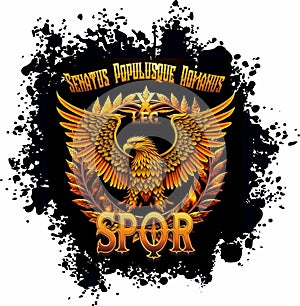 Symbols of Ancient Rome. Golden eagle and inscription SPQR. On a black background with drops. There is a PNG format.