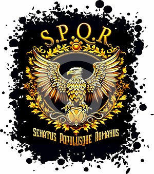 Symbols of Ancient Rome. Golden eagle and inscription SPQR. On a black background with drops. There is a PNG format.