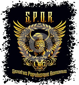 Symbols of Ancient Rome. Golden eagle and inscription SPQR. On a black background with drops. There is a PNG format.