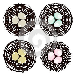 Symbols of bird nests with eggs, vector photo