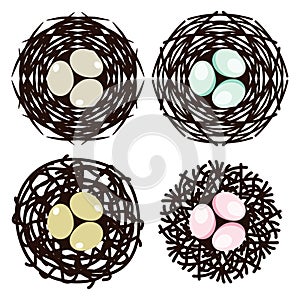 Symbols of bird nests with eggs, vector