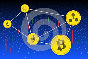 Symbols Bitcoin, Litecoin, Ether, Riple connected by a neural network