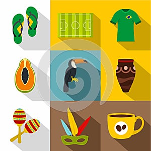 Symbols of Brasil icon set, flat style