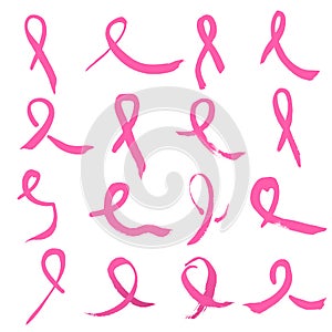 Symbols of breast cancer awareness. Collection of sixteen hand drawn pink ribbon signs