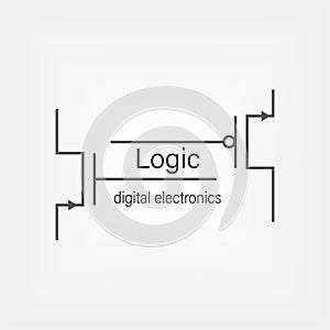 Symbols for building blocks of logic gates. N-MOS and P-MOS transistor schematic symbols. Electrical company logo design