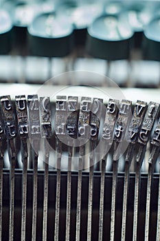 Symbols characters on old typewriter machine close up