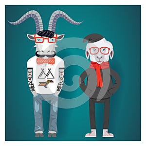 Symbols of Chinese New Year-goat and sheep in hipster clothes