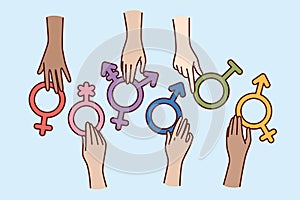 Symbols different genders in hands, for concept absence of discrimination against transgender humans
