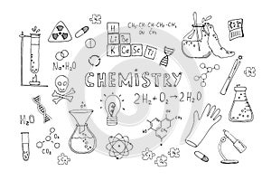 Symbols and drawings for a school chemistry lesson, set on a white background. Hand drawn vector doodle line illustration. Globe,