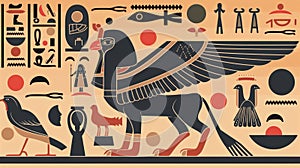 Symbols of Egyptian culture in clay or stone plate cartoon sketches, Ra sits on cowback, over it comes night sky goddess