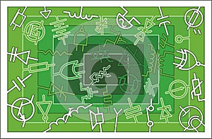 Symbols of electronic components, various devices of a circuit, abstract electrical background.