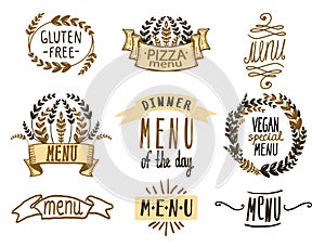 Symbols, emblems and logos set, handwriting lettering graphic vector collection with wheat ears and ribbons
