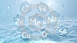 symbols of Essential chemical minerals and microelements - magnesium, iron, potassium, zinc on abstract scientific background, 3d