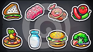 Symbols for fish, sausage, donuts, tomatoes, and peppers for menus, kitchens, and markets. Modern cartoon set of food