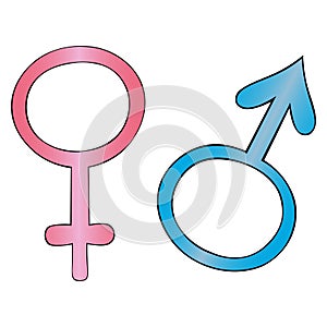 Symbols of gender. Set of vector illustrations. Male and female gender. Signs on an isolated background. Cartoon style. Idea for s