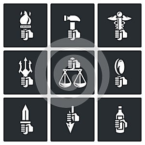 Symbols of the gods in Greek mythology icons set. Vector Illustration.