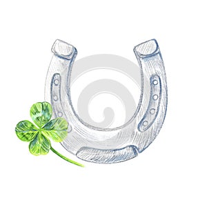 Symbols of good luck. Horseshoe and four leaf clover isolated on white background