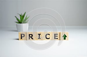 Symbols of growth and decline near the word Price. Price regulator, supply-demand balance, market laws. Economics and