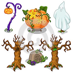 Symbols of Halloween - scary tree, pumpkin, ghost, grave, lantern. Six icons set isolated on white background. Vector