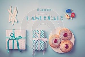 Symbols of hanukkah on blue background