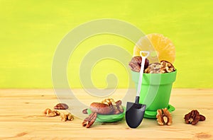 Symbols of judaic holiday Tu Bishvat, mix of dried fruits and nuts over wooden table