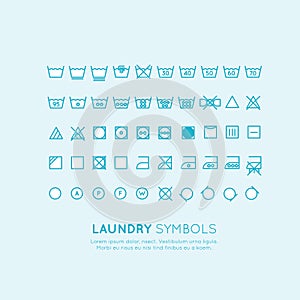 The symbols on the labels of clothes washing, wringing, drying, ironing, thin line design. Conventional linear sign